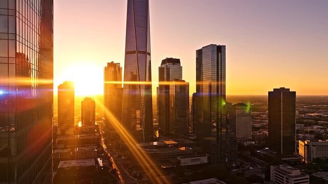 Aerial cinematic shot of a sprawling city at golden hour, slow arc pan right, lens flare catching skyscraper glass, 15 seconds, 4K, anamorphic widescreen