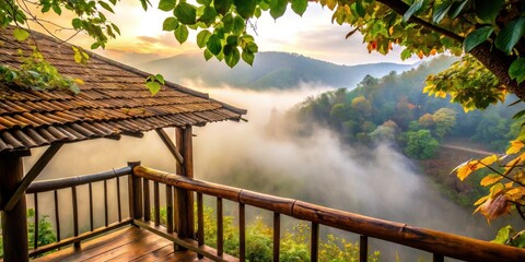 Fototapeta premium Serene Sunrise Vista from a Wooden Balcony Overlooking Misty Mountain Valley