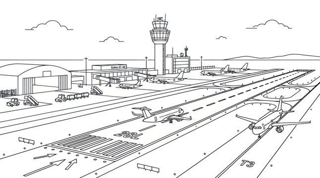 Line drawing of airport runway and control tower.