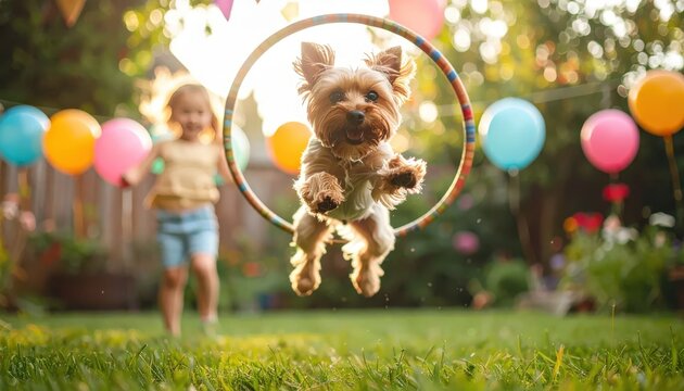 Adorable Yorkshire Terrier Dog Jumps Through Hoop at Outdoor Party.