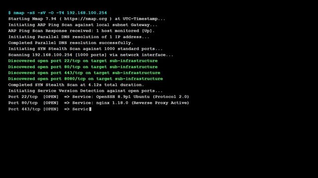 Cybersecurity network vulnerability scan screen with linux terminal nmap command line interface showing open ports and alert status.