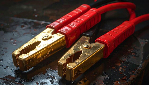 Close-up of car battery jumper cables with red and black insulation and brass connectors resting on a dark, textured surface