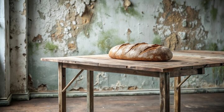Rustic Wooden Table with a Loaf of Crusty Bread Against a Weathered Wall