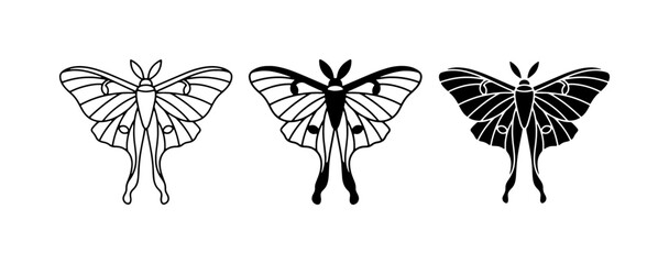 Luna Moth Vector Icons, Black and White Insect Silhouettes, Nature Art © Noor