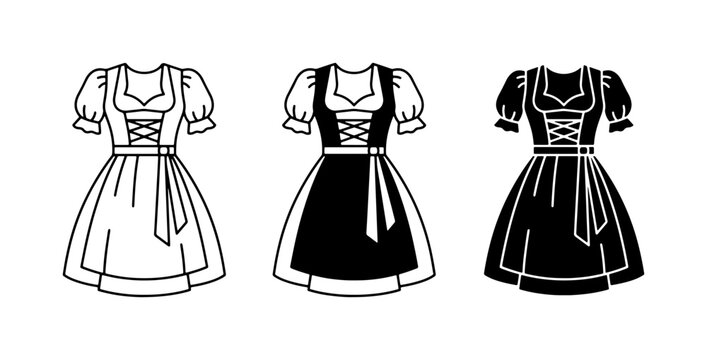 Dirndl Dresses, Traditional Bavarian Attire, Oktoberfest Outfits, Vector Icons Set