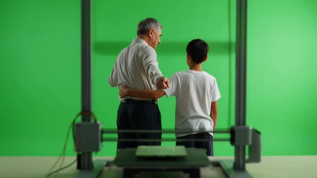 Grandfather and grandson watching 3D printer on green screen.