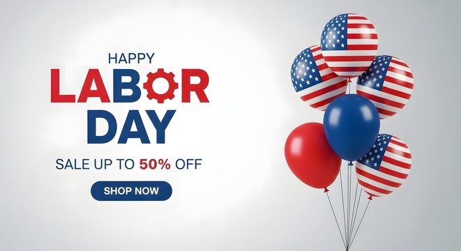 Happy labor day sale banner with balloons isolated on white background