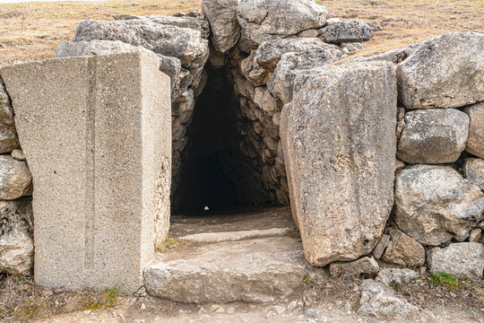 The historic stone postern tunnel beneath the Yerkapi rampart in the upper city of Hattusa. This defensive underground tunnel showcases the advanced military engineering and fortifications built by th