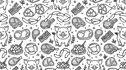 Fototapeta premium Pig seamless pattern black line art vector background