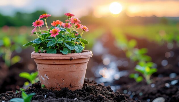 Floral harmony: Vivid blooms in earthen pot against a field illuminated by sunset glow