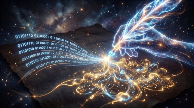 Glowing hand creates digital connection with binary code in space