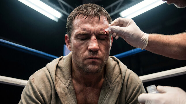Cutman treating cut on male boxers eyebrow ringside