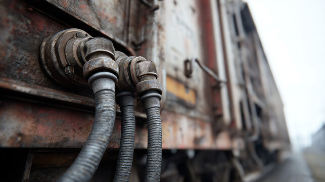 Close-up of rusted air brake hoses and a coupling fitting between two weathered freight rail cars under soft overcast daylight