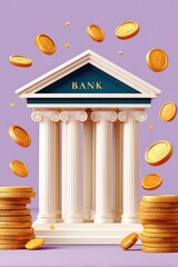 Naklejka premium Bank building with gold coins and falling currency representing money, finance and savings
