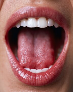Frontfacing clinical shot of an open mouth focused on the swollen tongues inflammation and glossitis signs highresolution detail with diffused light and ample copy space