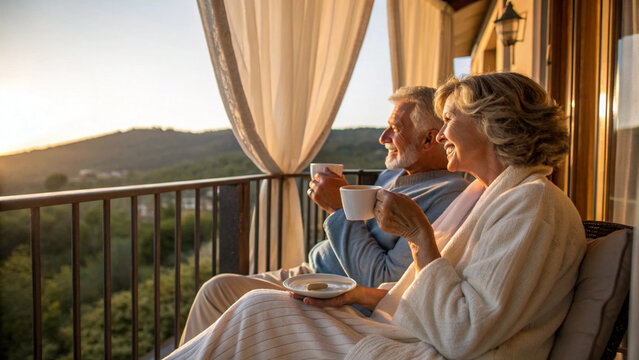 Senior couple drinking coffee on sunset balcony