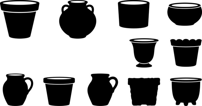 Assortment of empty ceramic and clay pots for plants isolated on checkered background.