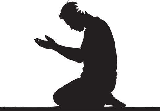 Silhouette of a man kneeling and praying with hands raised vector art