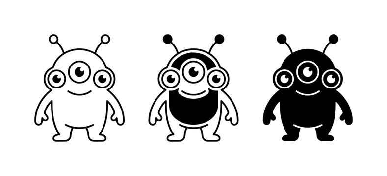 Three Cute Alien Icons, Cartoon Monster Vector Art, Sci-Fi Character Graphics