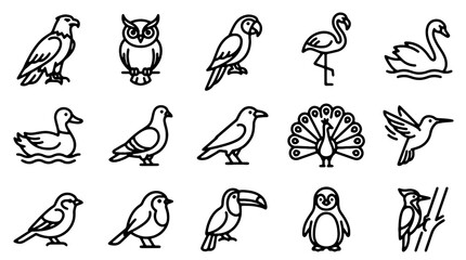 Fototapeta premium Bird icons set, black and white vector birds, 13 animal illustrations, line art style