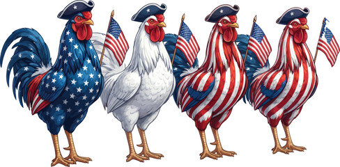 Patriotic American Roosters with Flags and Hats © Mohammad