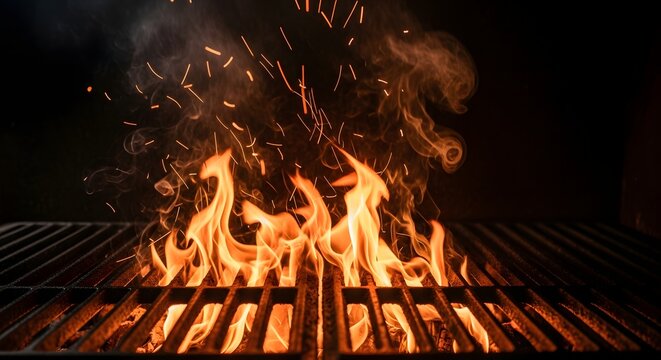 Orange flames rising from a metal grill