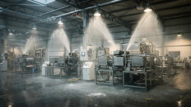 Medium shot of ceilingmounted sprinklers activating over resin units inside a manufacturing plant highlighting active fire suppression systems in an industrial environment
