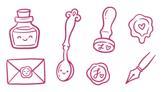 Cute stationery icons with smiling faces and hearts for love letters and Valentine's Day