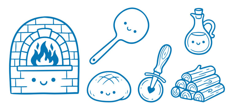 Oven, cooking, utensils, firewood, and oil bottle cartoon illustrations for culinary concepts