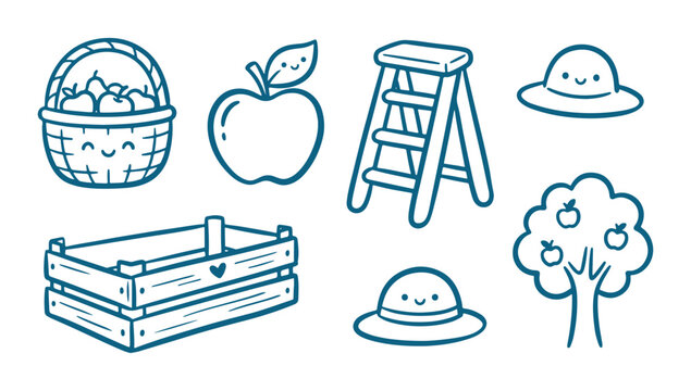 Cute cartoon apple picking icons with smiling faces and farm tools on white background