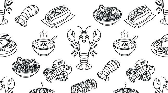 Lobster seamless pattern black line art vector background