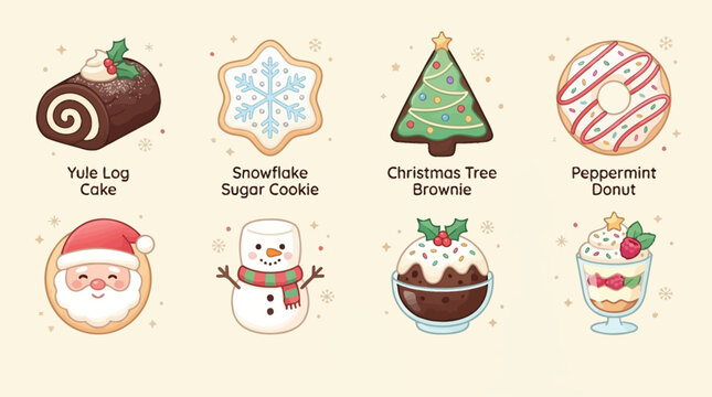 Collection of cute Christmas treats and characters including a Yule log cake, sugar cookie, brownie, donut, Santa, snowman, pudding, and trifle.
