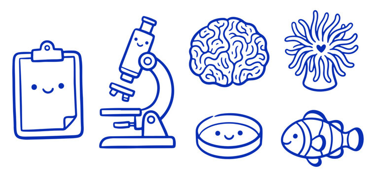 Cute science icons with smiling faces, biology, education, and research symbols