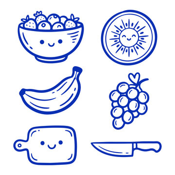 Cute fruit icons with smiling faces on white background for healthy food concepts