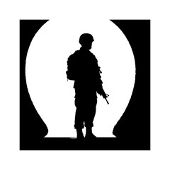 Obraz premium Silhouette of a soldier standing guard against a bright light source vector art