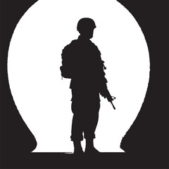 Obraz premium Silhouette of a soldier standing guard against a bright light source vector art