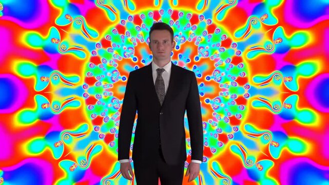 Businessman transforms amidst psychedelic background colors and patterns