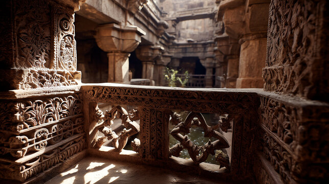 Warm sunlight falling across the deeply carved stone balustrade and pillars inside the shaded interior of an ancient Indian stepwell