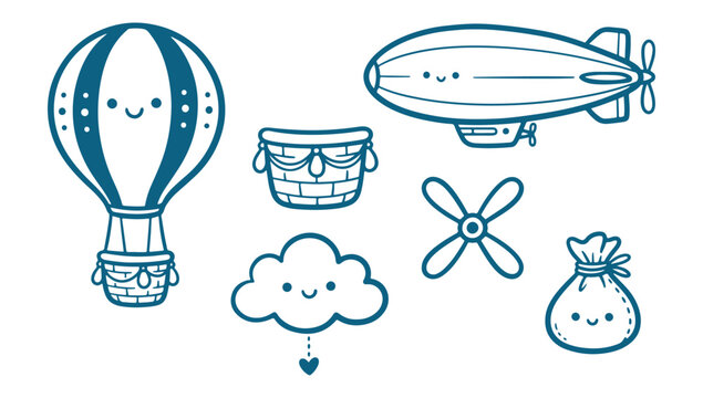 Cute cartoon air vehicles and cloud with smiling faces for kids design