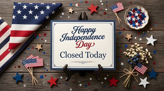 Happy independence day closed today sign with american decor.