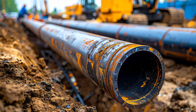 Steel pipeline sections being assembled, weld joints, dirt textures and construction tools. Close-up.