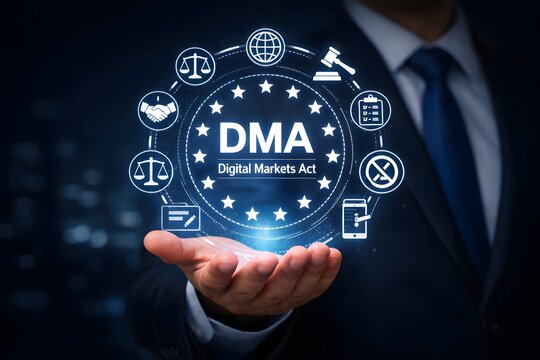 Businessman holding the digital markets act symbol with various icons around it.