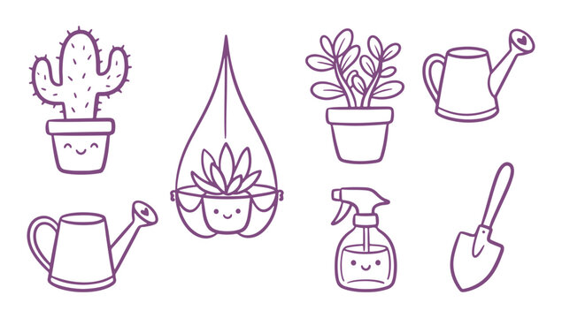 Cute cartoon gardening tools and plants illustrations for nursery or interior design