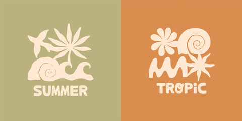 Naklejka premium Tropical summer set with abstract coastal motifs,ocen wave shapes,seashell forms,palm,bird.Boho summer aesthetic.Vintage beach graphic for posters,stickers,apparel prints,surf branding,social media