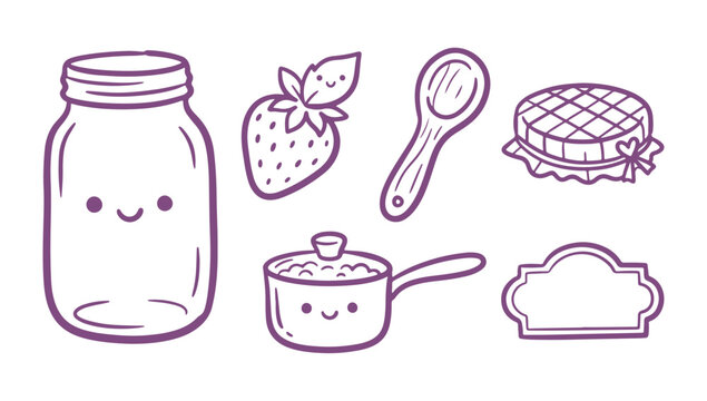 Cute kitchen utensils and food icons with smiling faces for cooking and baking designs