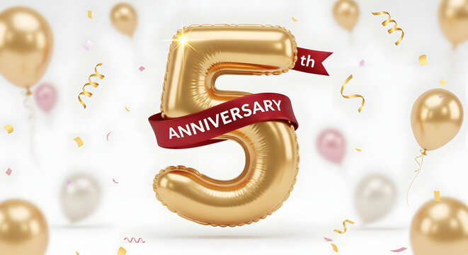 Golden Number 5 Balloon with Red Ribbon for 5th Anniversary Celebration, Confetti and Balloons in Background