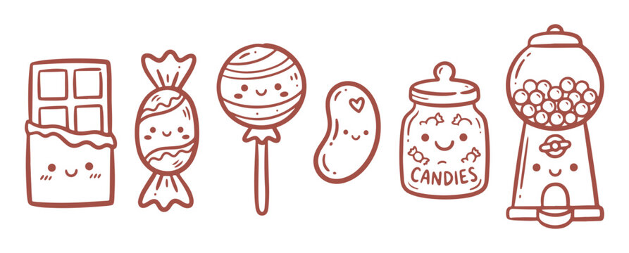 Cute cartoon candy icons including lollipop, gumball machine, and wrapped sweets smiling faces