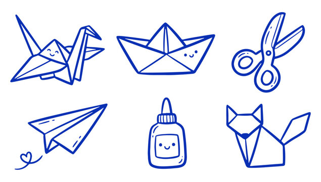 Cute origami icons with craft tools on white background for creative design projects