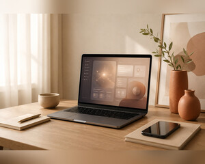 Fototapeta premium Warm Minimalist Home Office Desk with Laptop Terracotta Vases and Natural Window Light
