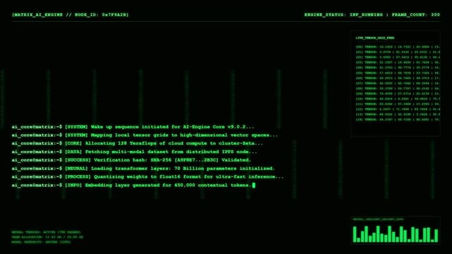 Futuristic artificial intelligence engine screen with green digital computer terminal code tracking machine learning neural network data.